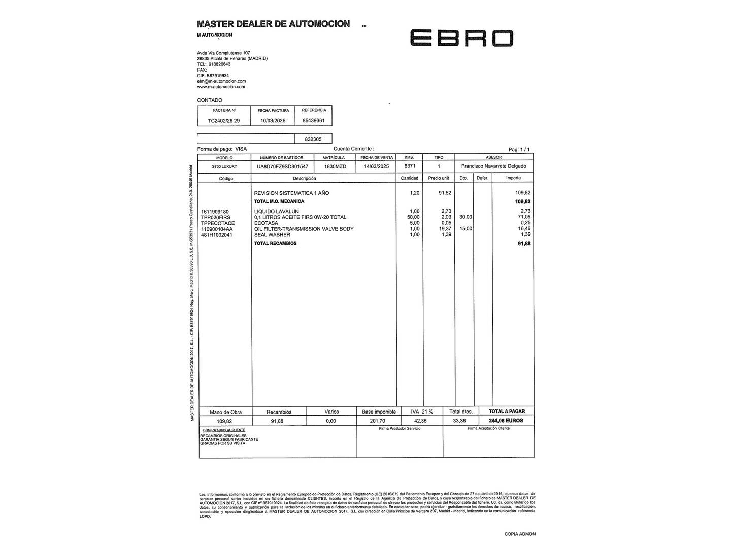 Foto del mantenimiento del EBRO S700 EBRO S700 1.6 TGDI Luxury 7 DCT (147 CV)