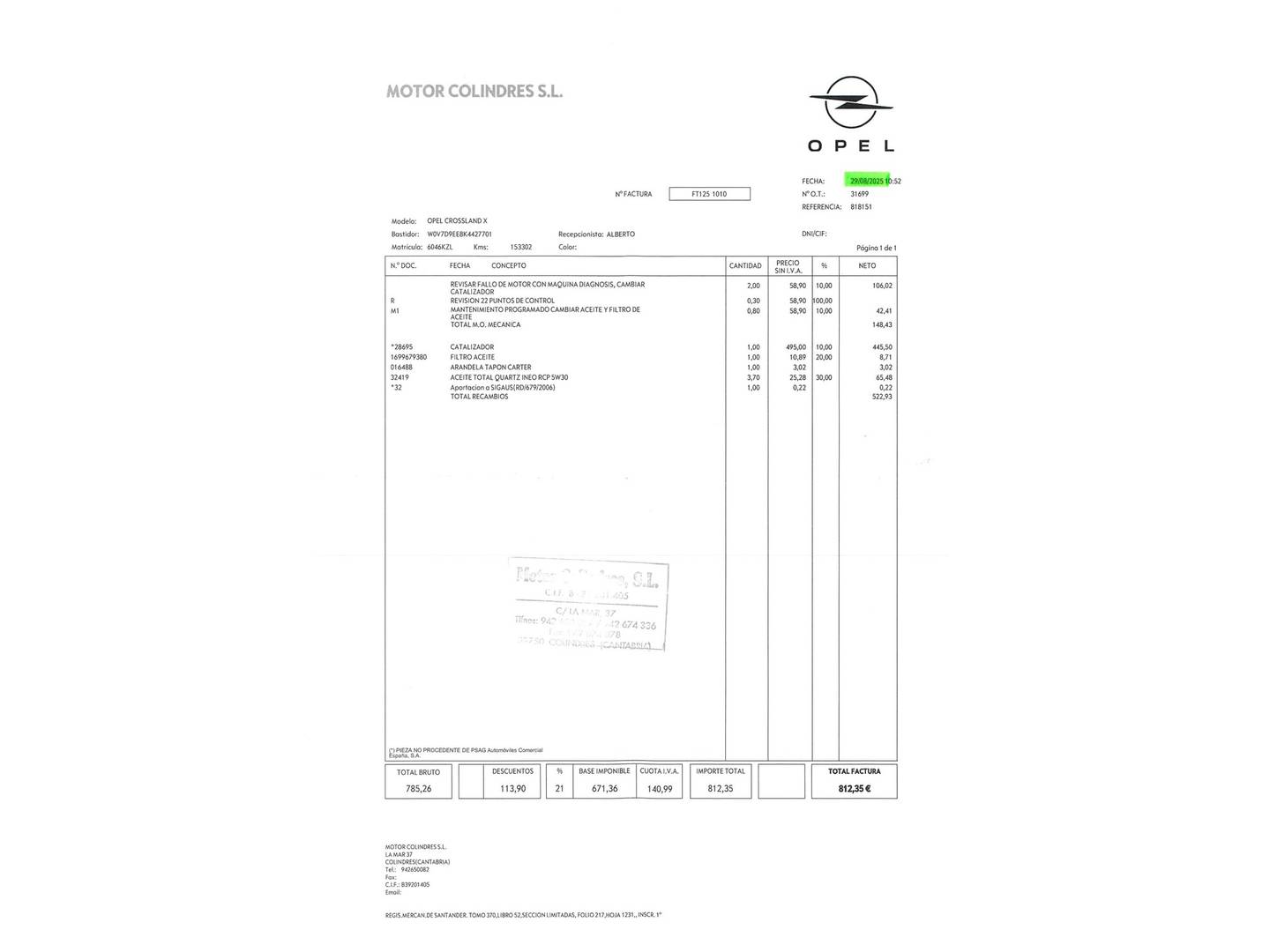 Foto del mantenimiento del Opel Crossland X Opel Crossland X 1.2 Edition Pro (81 CV)