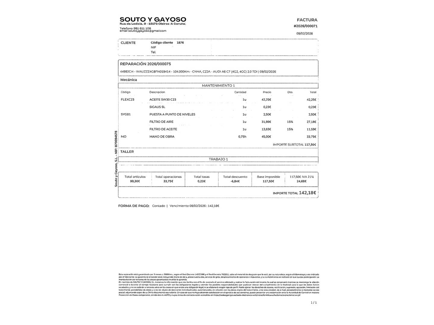 Foto del mantenimiento del Audi A6 Audi A6 2.0 TDI ultra (190 CV) S tronic