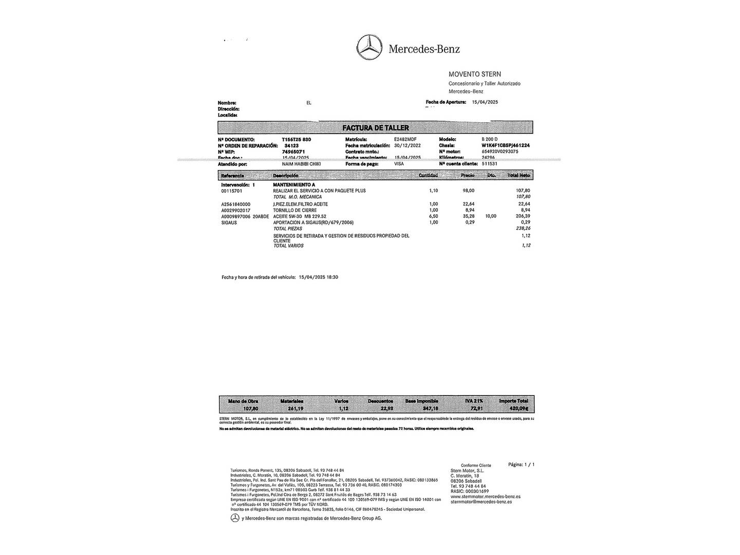 Foto del mantenimiento del Mercedes Clase B Mercedes Clase B 200 d (150 CV) Pack AMG