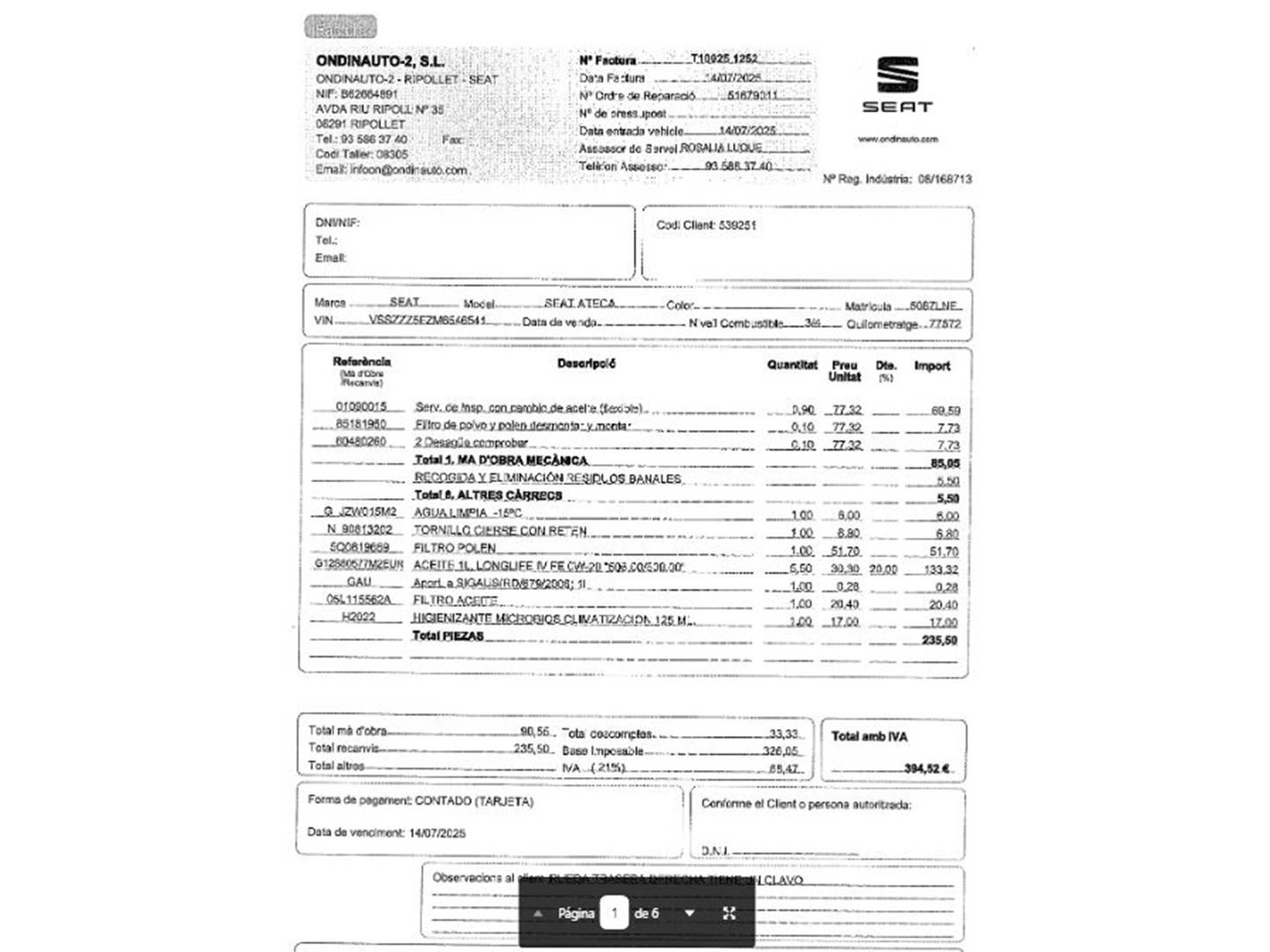 Foto del mantenimiento del Seat Ateca Seat Ateca 2.0 TDI S&S FR Go DSG (150 CV)