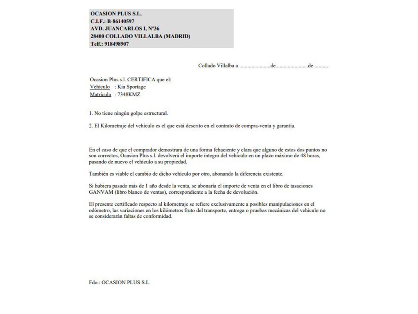 Foto del certificado del KIA Sportage KIA Sportage 1.6 GDi Concept 4x2 (132 CV)