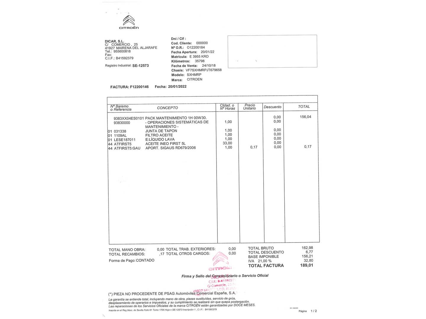 Foto del mantenimiento del Citroën C3 Citroën C3 PureTech 82 Feel (83 CV)