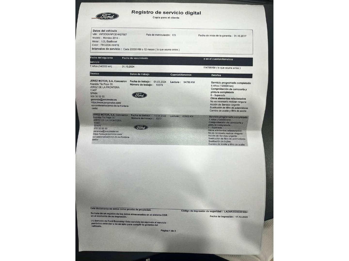 Foto del mantenimiento del Ford Mondeo Ford Mondeo 1.0 EcoBoost Trend (125 CV)