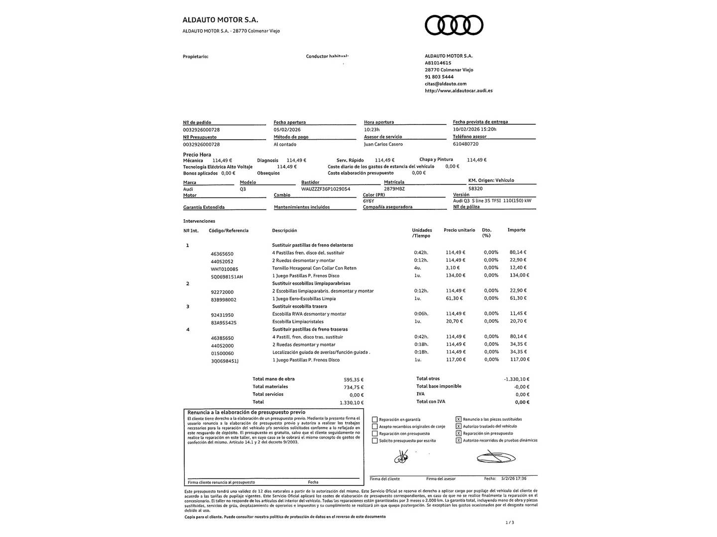 Foto del mantenimiento del Audi Q3 Audi Q3 S line 35 TFSI (150 CV) S tronic