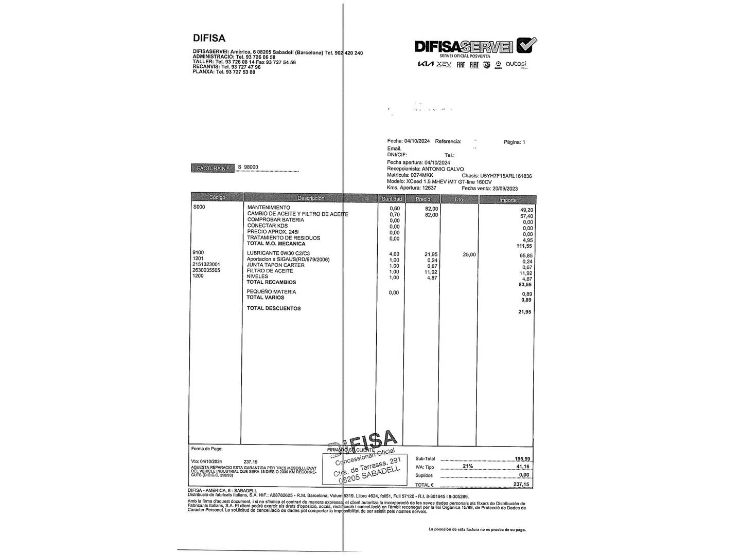 Foto del mantenimiento del KIA XCeed KIA XCeed 1.5 MHEV iMT GT-line 118 kW (160 CV)