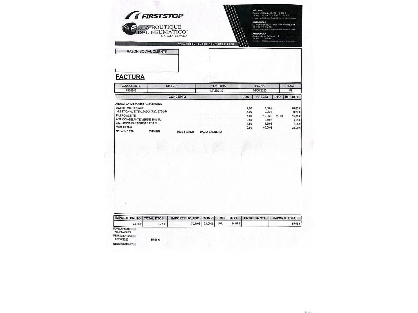 Foto del mantenimiento del Dacia Sandero Dacia Sandero Laureate 1.2 (75 CV)