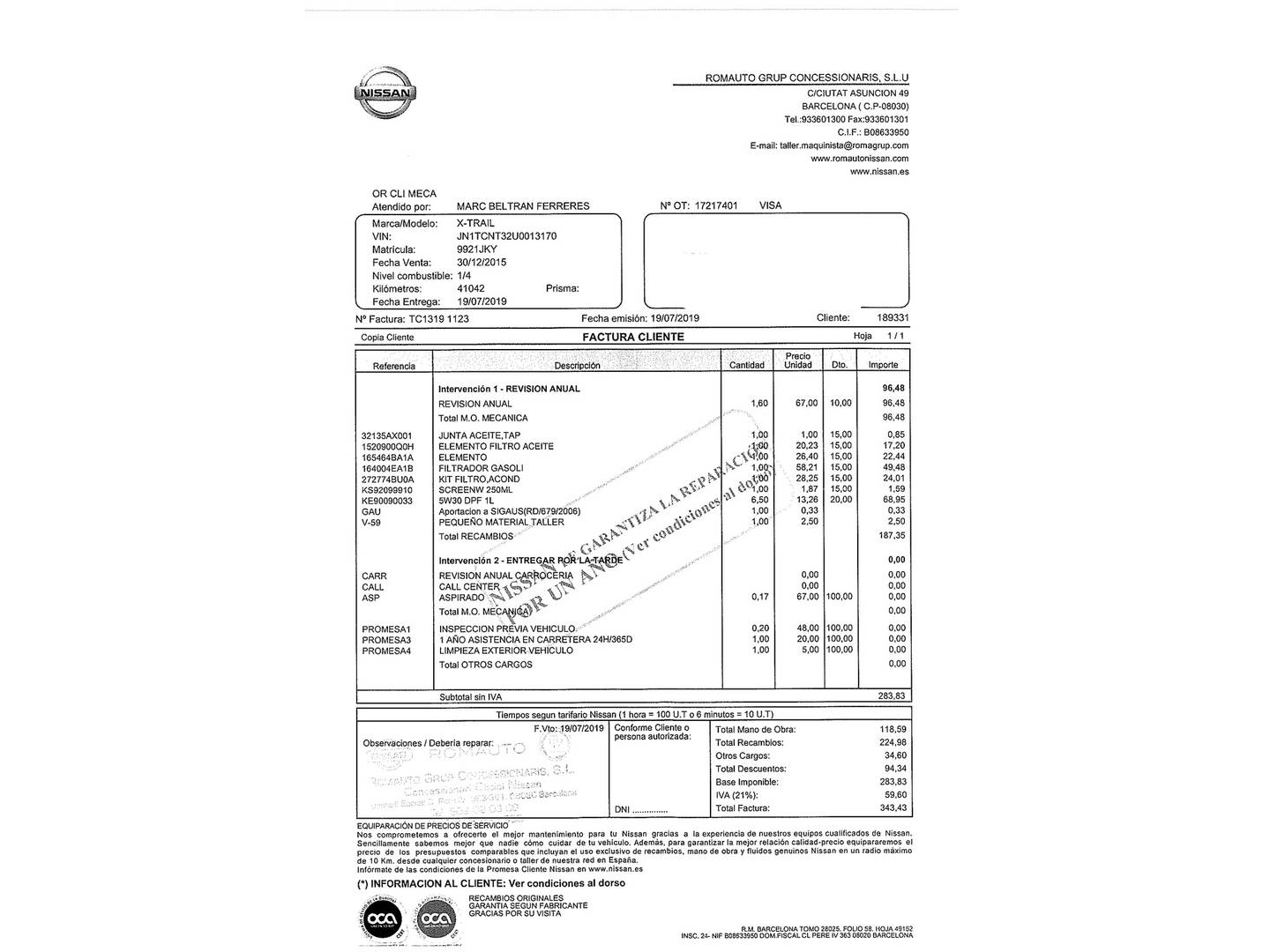 Foto del mantenimiento del Nissan X-TRAIL Nissan X-Trail dCi 130 Tekna 4x4-i (130 CV)