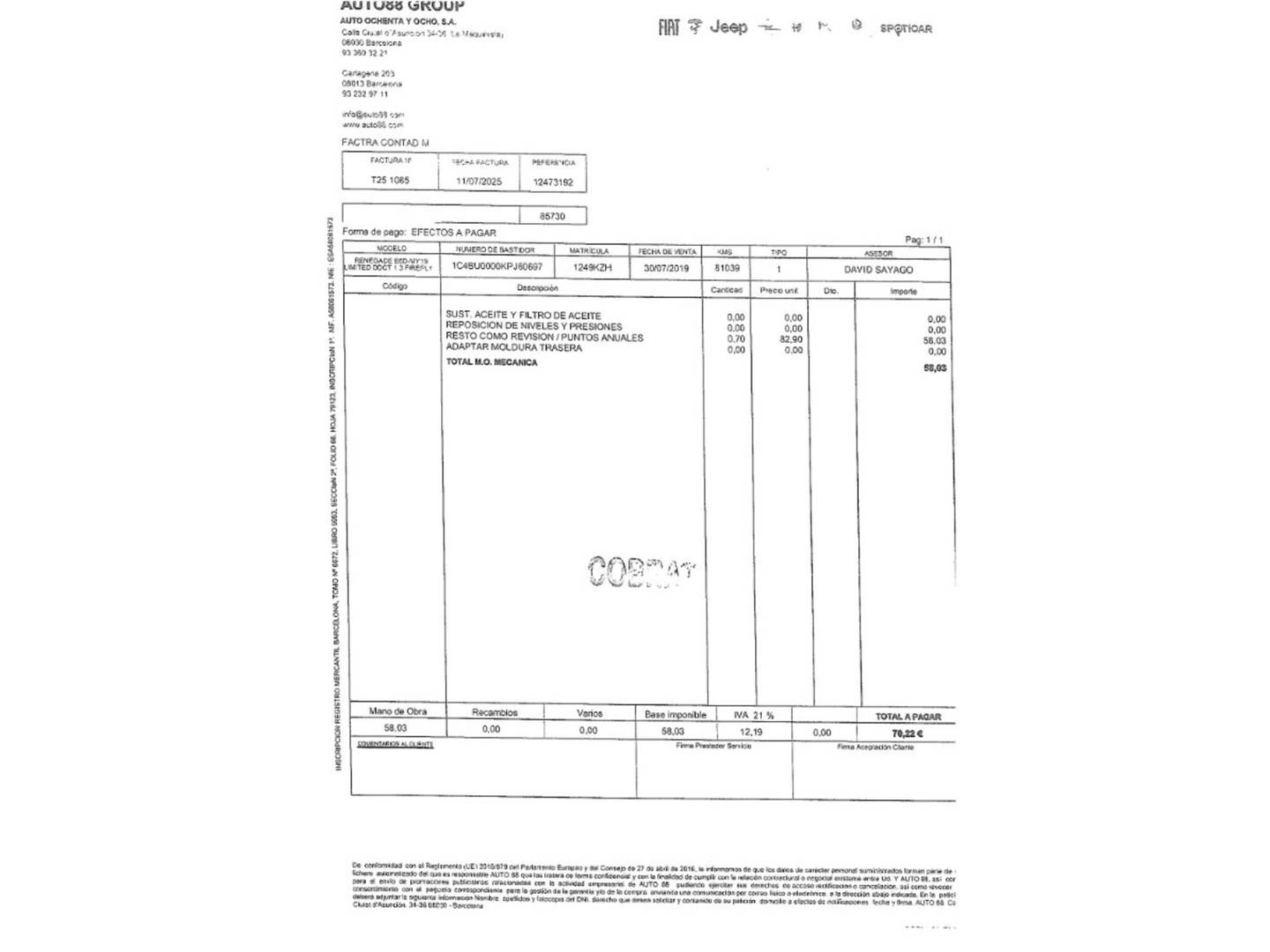 Foto del mantenimiento del Jeep Renegade Jeep Renegade 1.3G Limited 4x2 DDCT (150 CV)