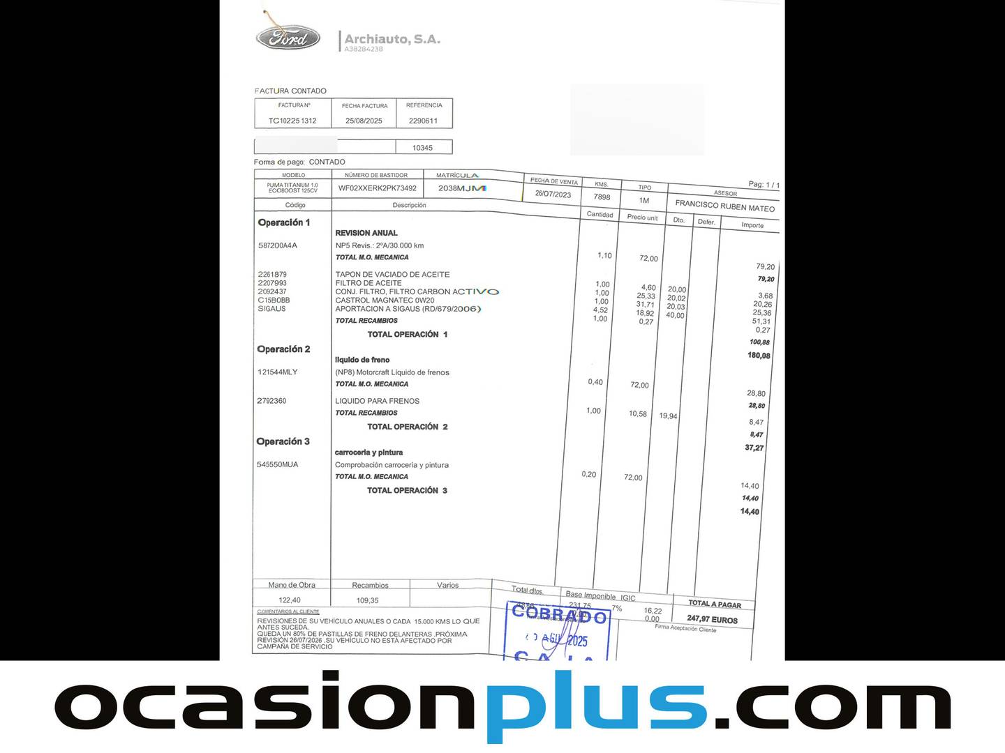 Foto del mantenimiento del Ford Puma Ford Puma 1.0 EcoBoost MHEV Titanium (125 CV)