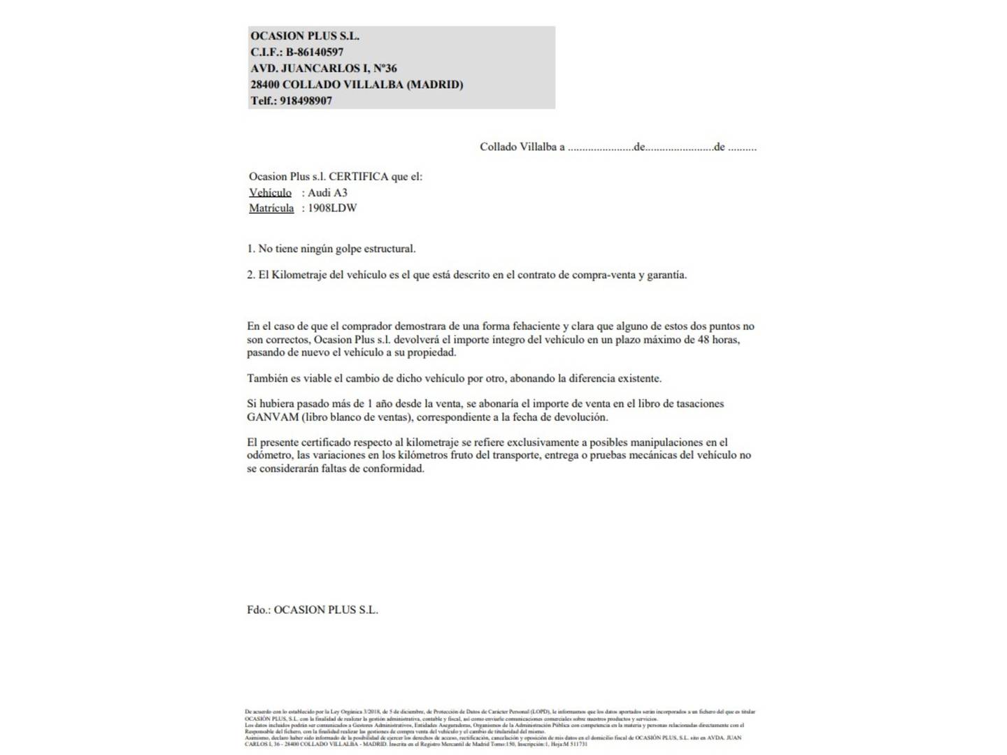 Foto del certificado del Audi A3 Audi A3 Sportback Black line 35 TDI (150 CV) S tronic Pack S-line