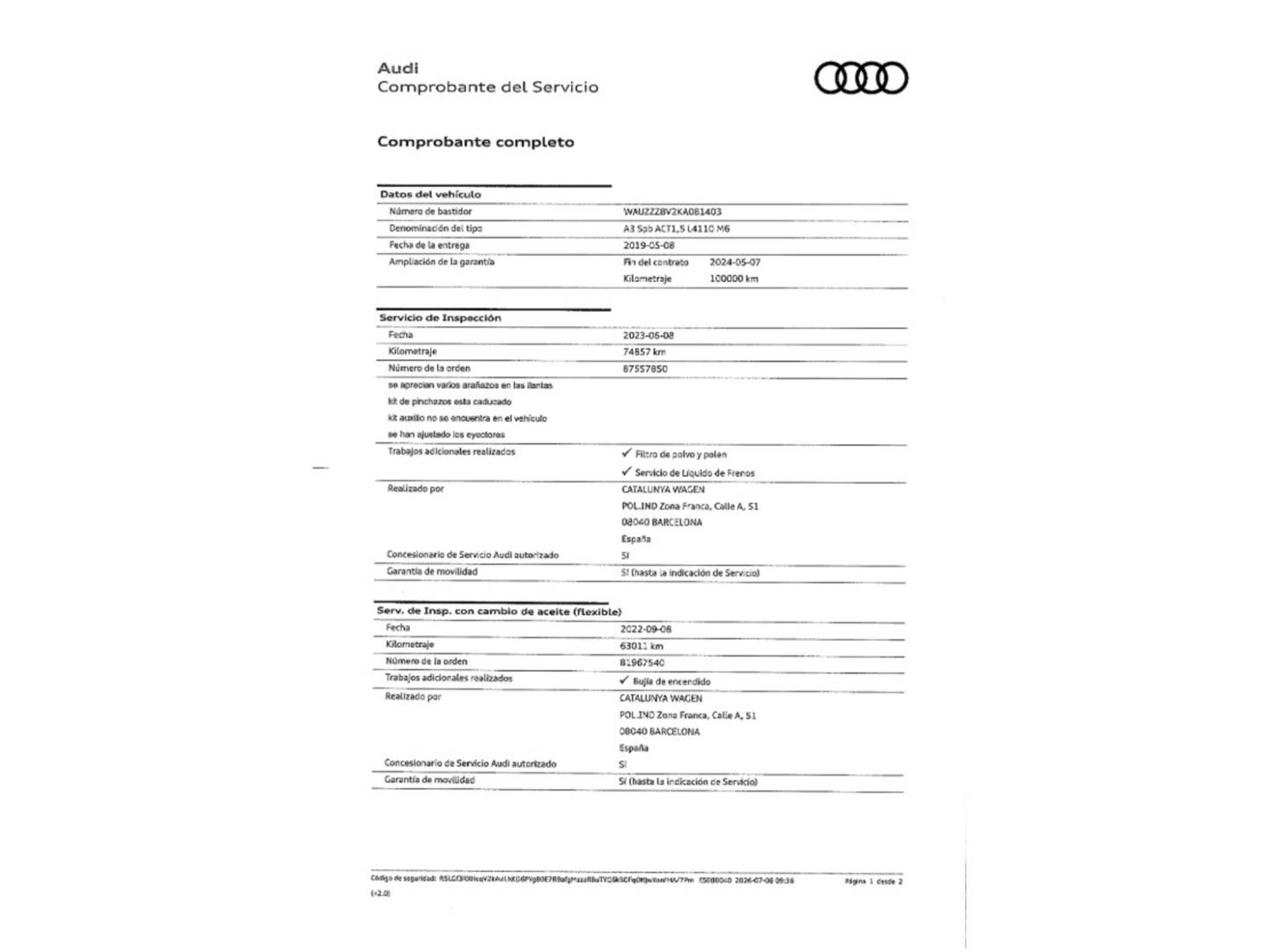 Foto del mantenimiento del Audi A3 Audi A3 Sportback S line 35 TFSI (150 CV)