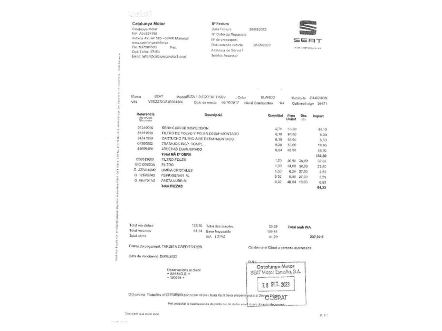 Foto del mantenimiento del Seat Ibiza Seat Ibiza 1.0 EcoTSI FR (115 CV)