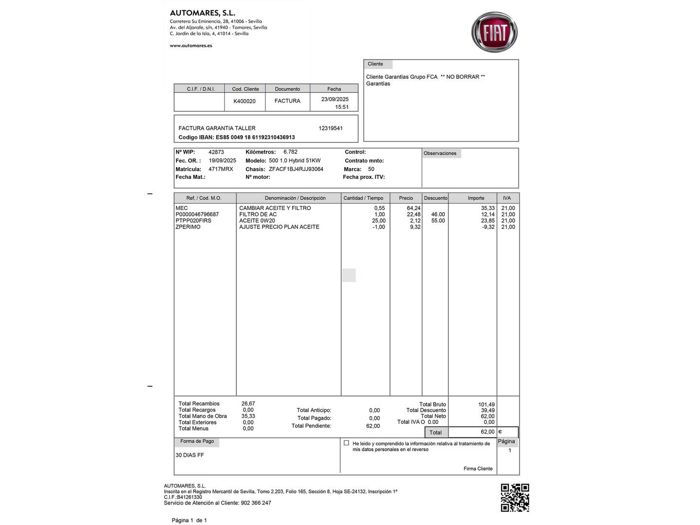Foto del mantenimiento del Fiat 500 Fiat 500 1.0 Hybrid Monotrim (70 CV)