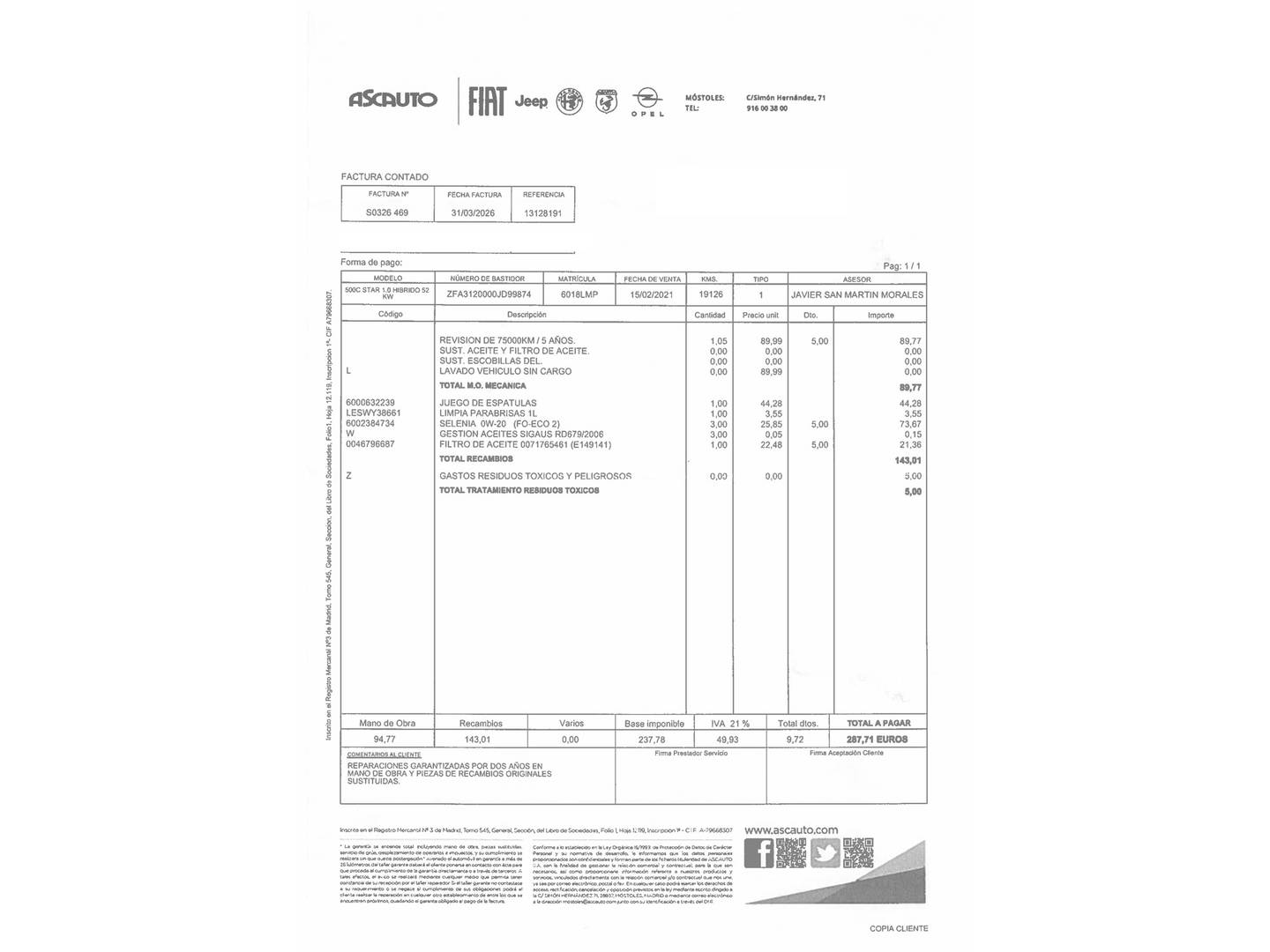 Foto del mantenimiento del Fiat 500C Fiat 500C 1.0 Hybrid Dolcevita (70 CV)