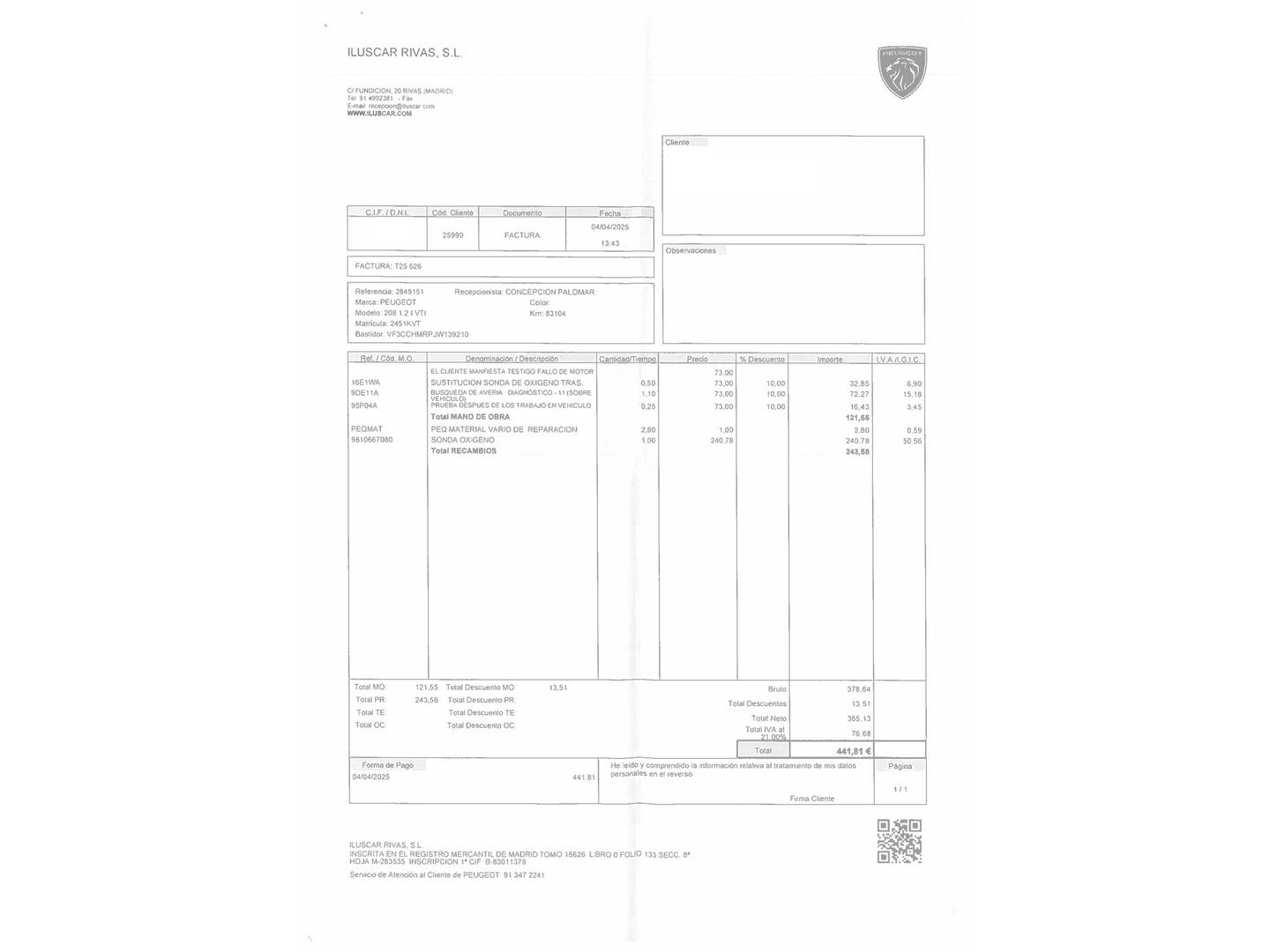 Foto del mantenimiento del Peugeot 208 Peugeot 208 PureTech Signature (82 CV)