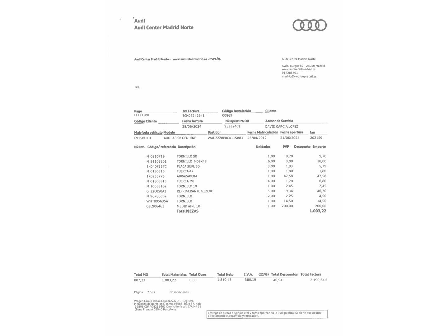 Foto del mantenimiento del Audi A3 Audi A3 Sportback A3 Sportback Attraction 1.6 TDI (105 CV)