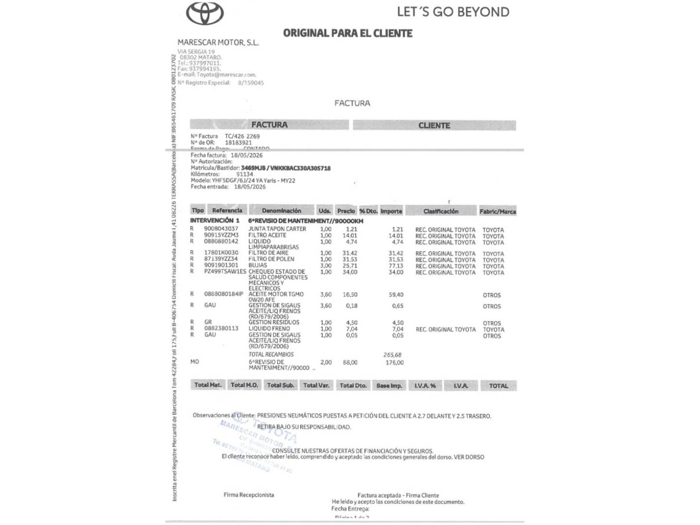 Foto del mantenimiento del Toyota Yaris Toyota Yaris 1.5 120H GR-Sport (116 CV)