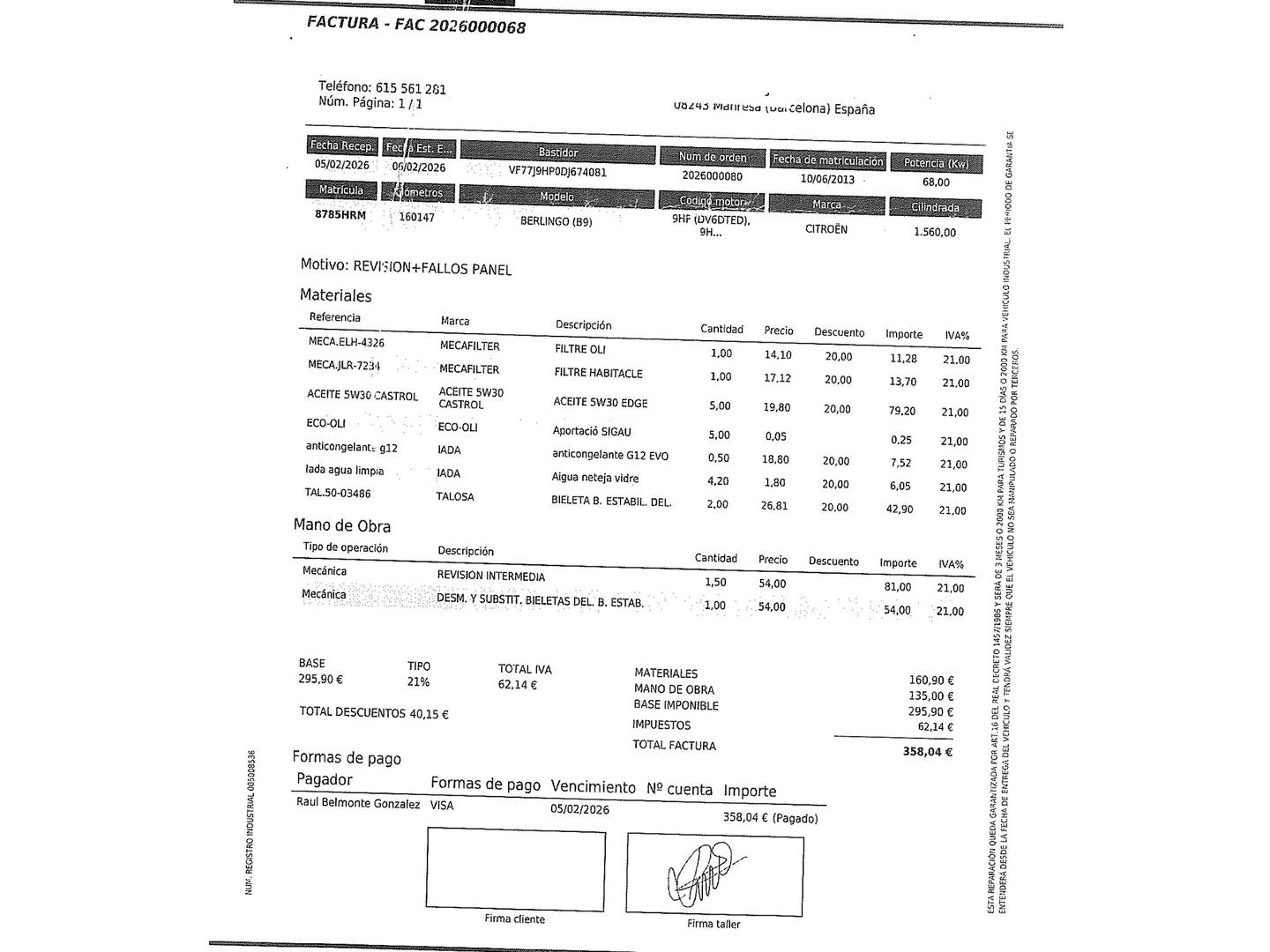 Foto del mantenimiento del Citroën Berlingo Citroën Berlingo 1.6 HDI XTR Plus (92 CV)