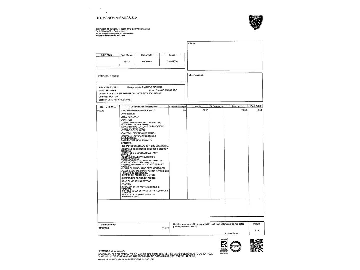 Foto del mantenimiento del Peugeot 3008 Peugeot 3008 PureTech 130 S&S GT Line EAT8 (130 CV)