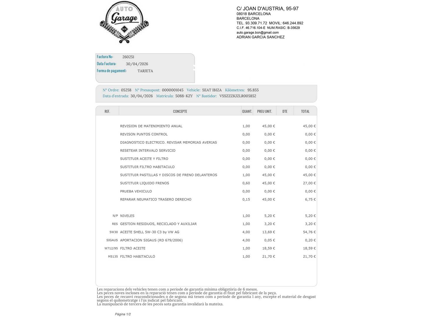 Foto del mantenimiento del Seat Ibiza Seat Ibiza 1.0 TGI FR (90 CV)
