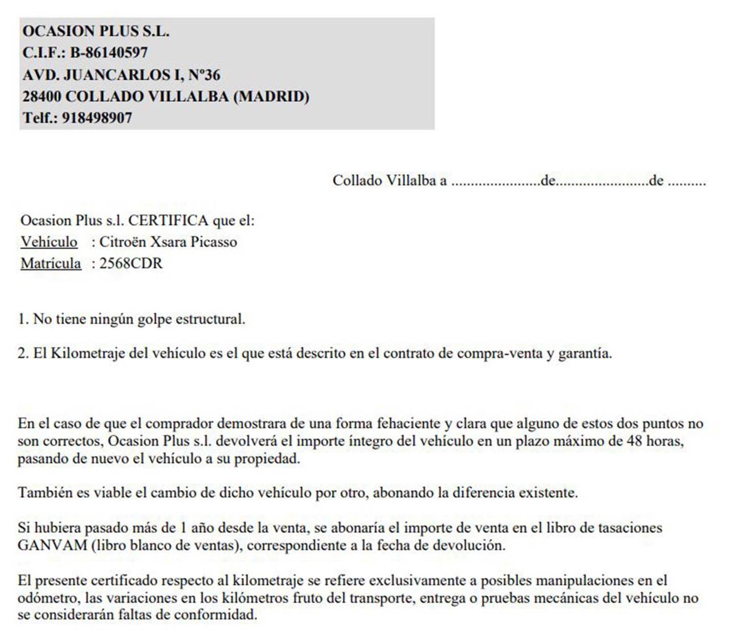 Foto del certificado del Citroën Xsara Picasso Citroën Xsara Picasso 2.0 HDi (90 CV)