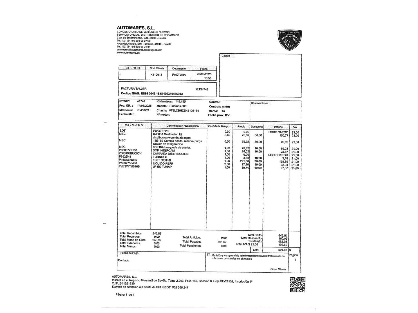 Foto del mantenimiento del Peugeot 308 Peugeot 308 SW BlueHDI 120 Style (120 CV)