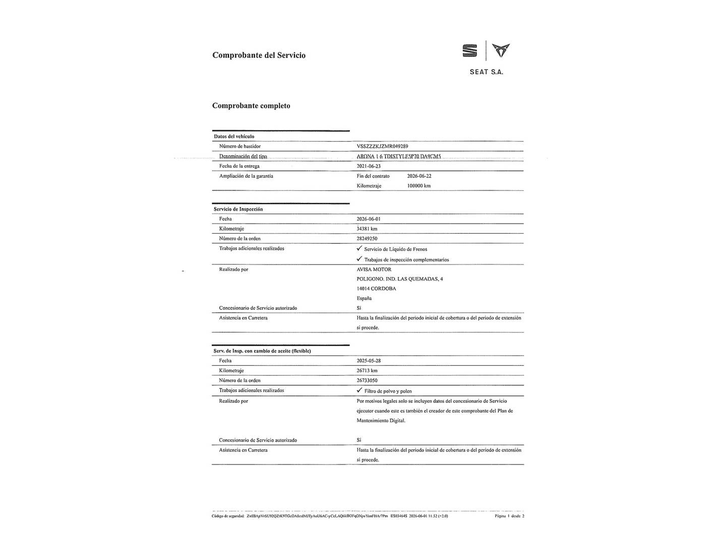 Foto del mantenimiento del Seat Arona Seat Arona 1.6 TDI Style Go Eco (95 CV)
