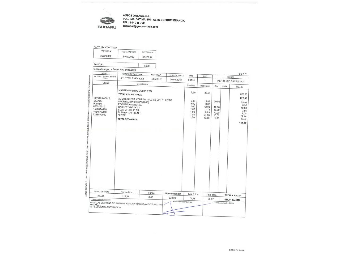 Foto del mantenimiento del Subaru XV Subaru XV 2.0i Sport Plus CVT Lineartronic (156 CV)