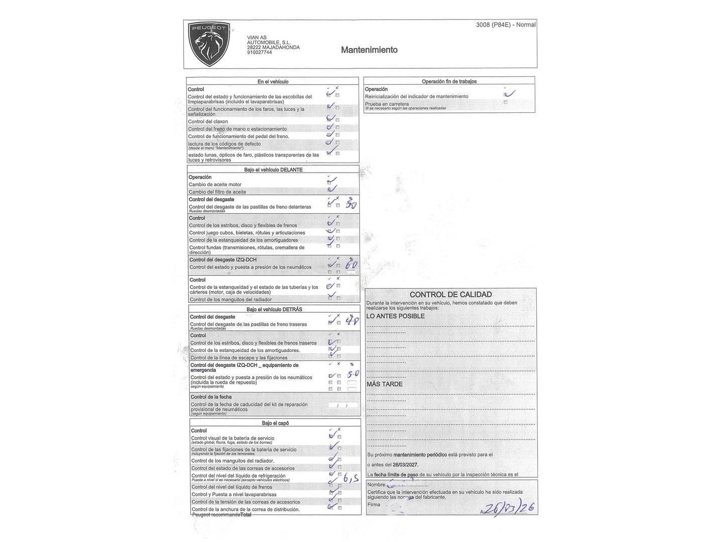Foto del mantenimiento del Peugeot 3008 Peugeot 3008 PureTech 130 S&S GT EAT8 (130 CV)