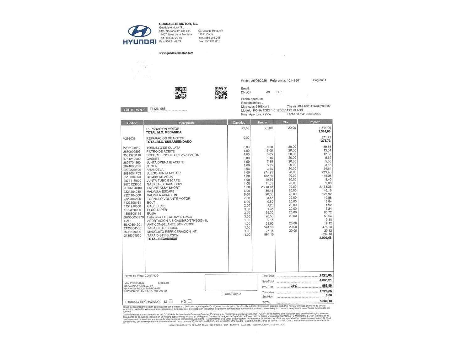 Foto del mantenimiento del Hyundai Kona Hyundai Kona 1.0 TGDI Klass 4x2 (120 CV)