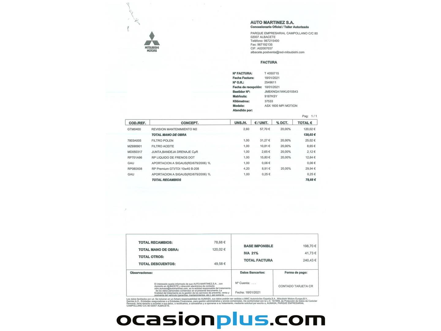 Foto del mantenimiento del Mitsubishi ASX Mitsubishi ASX 160 MPI Motion (117 CV)