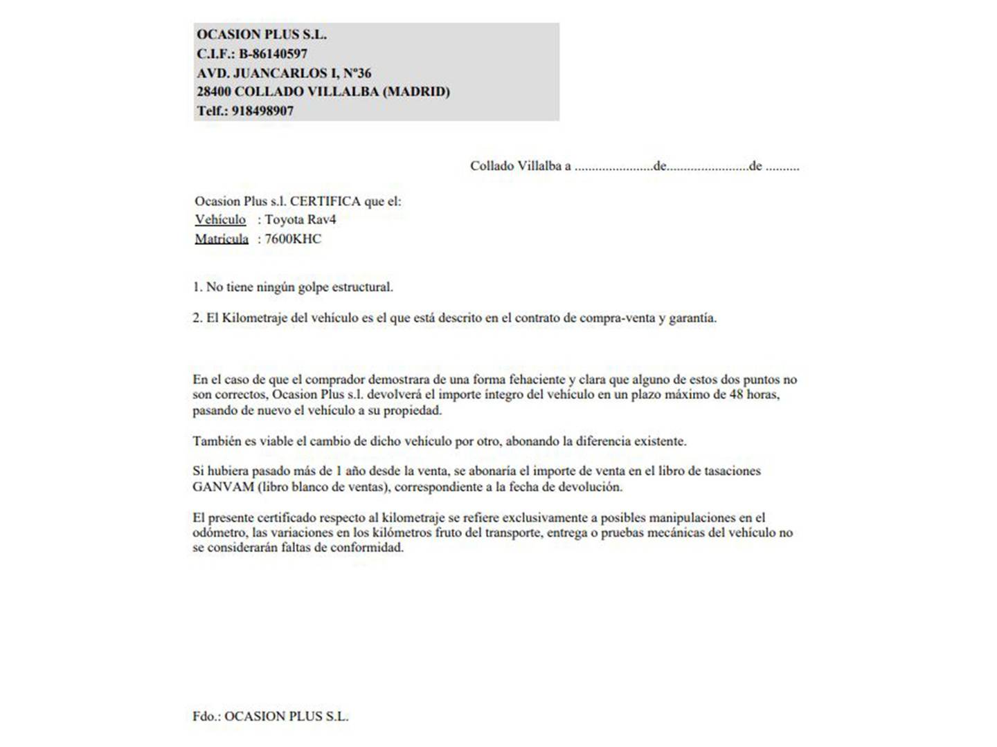 Foto del certificado del Toyota Rav4 Toyota Rav4 2.5l hybrid Feel! 2WD (197 CV)