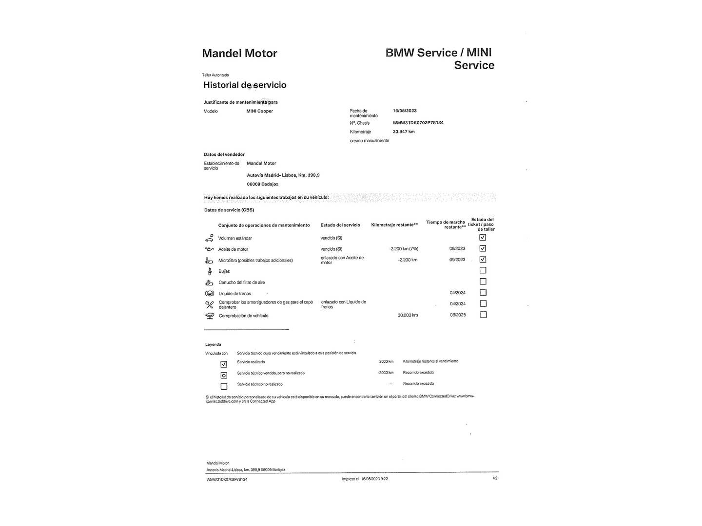 Foto del mantenimiento del Mini MINI Mini MINI Cooper 5 Puertas (136 CV)