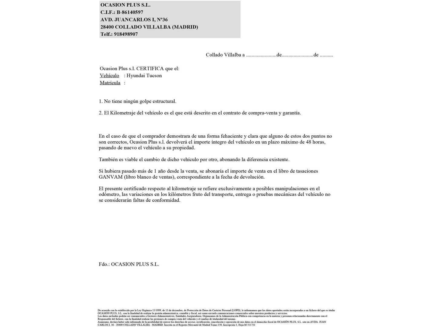 Foto del certificado del Hyundai Tucson Hyundai Tucson 1.6 CRDI Maxx (115 CV)