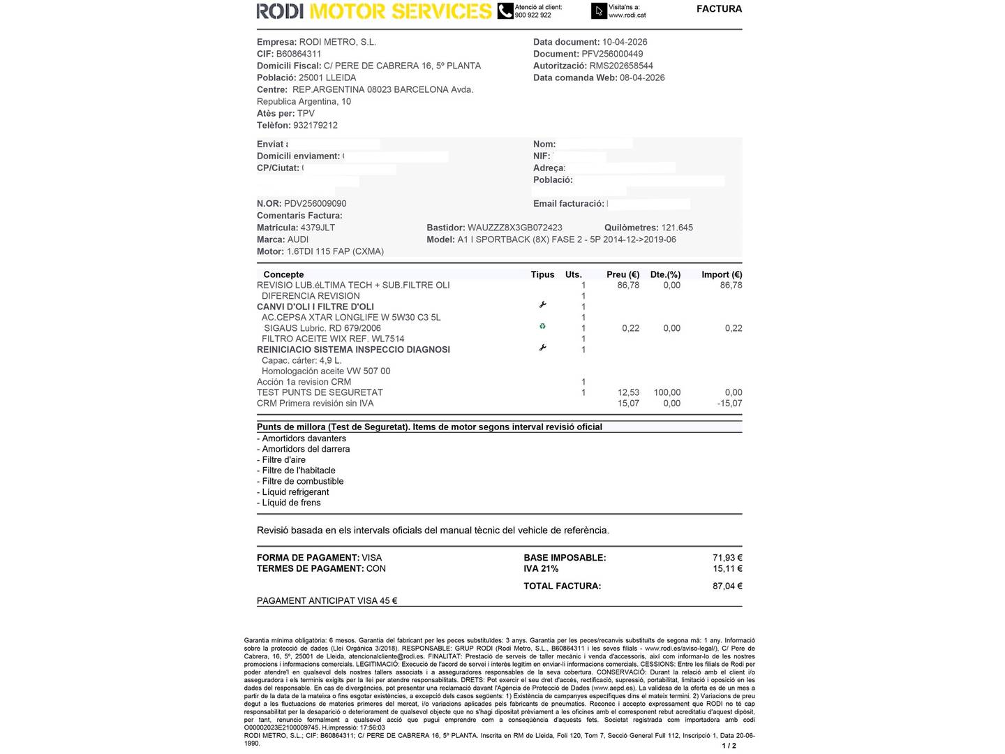 Foto del mantenimiento del Audi A1 Audi A1 Sportback Sportback Attraction 1.6 TDI (116 CV)