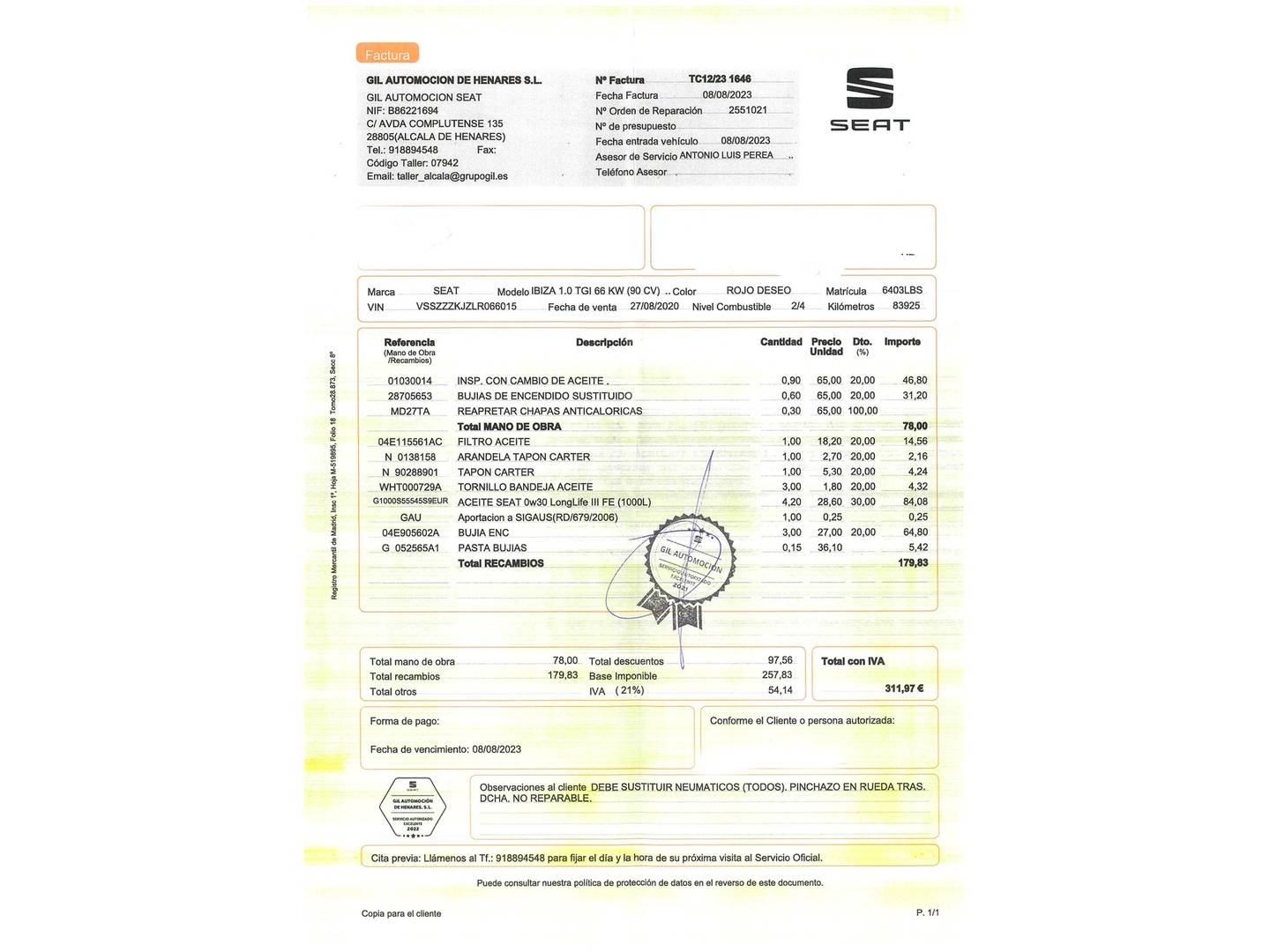 Foto del mantenimiento del Seat Ibiza Seat Ibiza 1.0 TGI FR (90 CV)