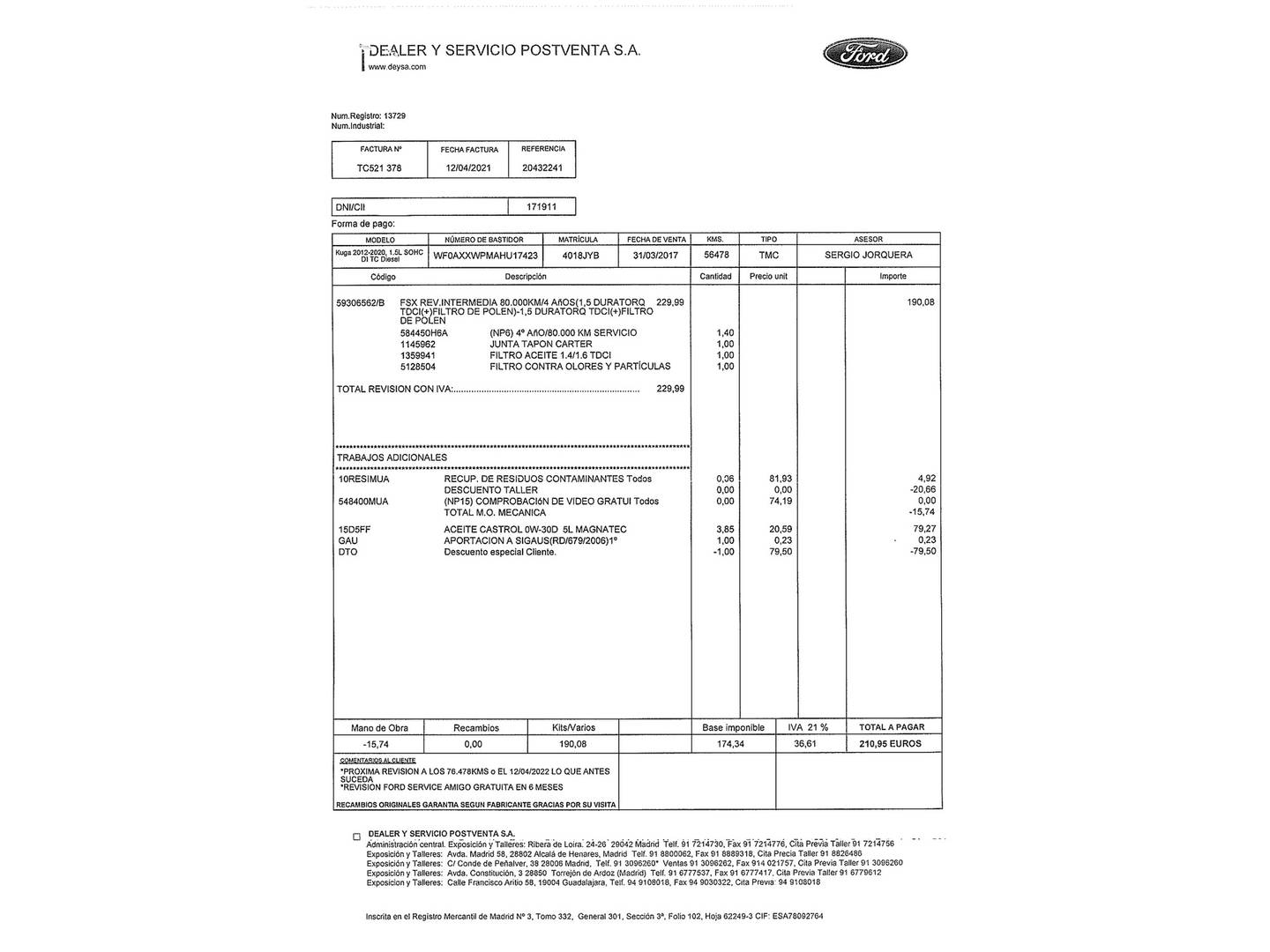 Foto del mantenimiento del Ford Kuga Ford Kuga 1.5 TDCI S&S Titanium 4x2 (120 CV)