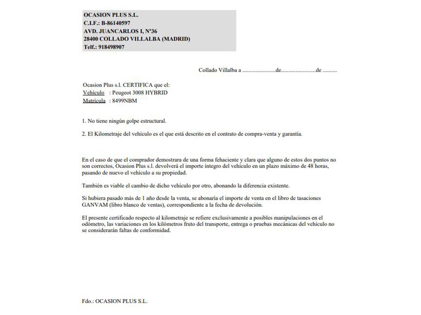 Foto del certificado del Peugeot 3008 Peugeot 3008 Hybrid 145 Allure eDCS6 (145 CV)