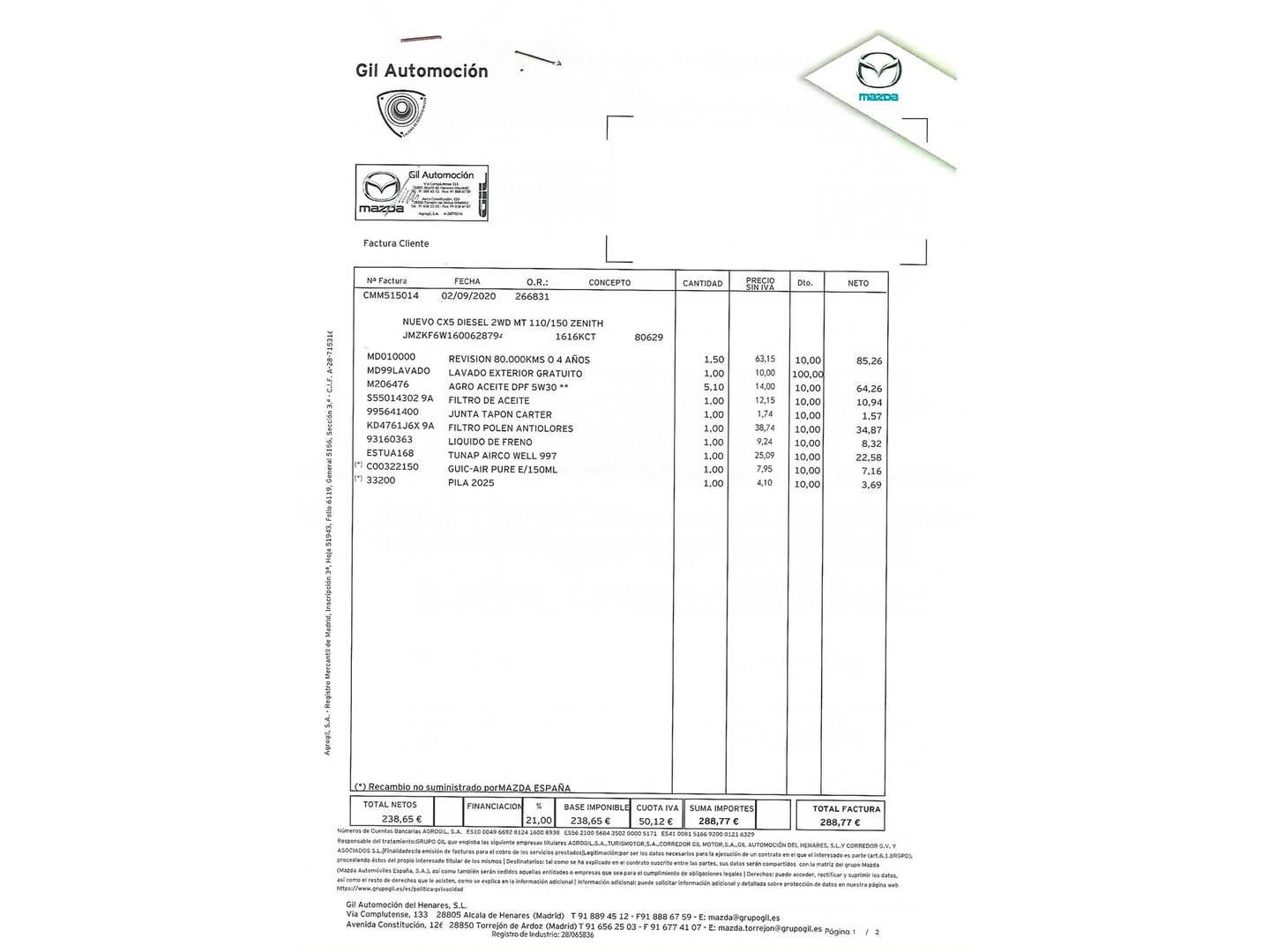 Foto del mantenimiento del Mazda CX-5 Mazda CX-5 2.2 DE Zenith 2WD (150 CV)