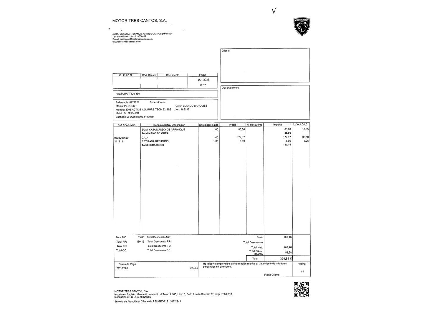 Foto del mantenimiento del Peugeot 2008 Peugeot 2008 VTI 82 Active ETG5 (82 CV)