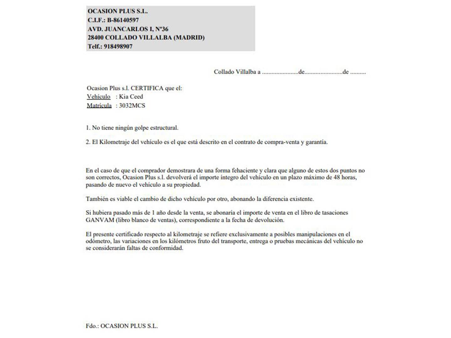 Foto del certificado del KIA Ceed KIA Ceed 1.0 T-GDi Tech (100 CV)
