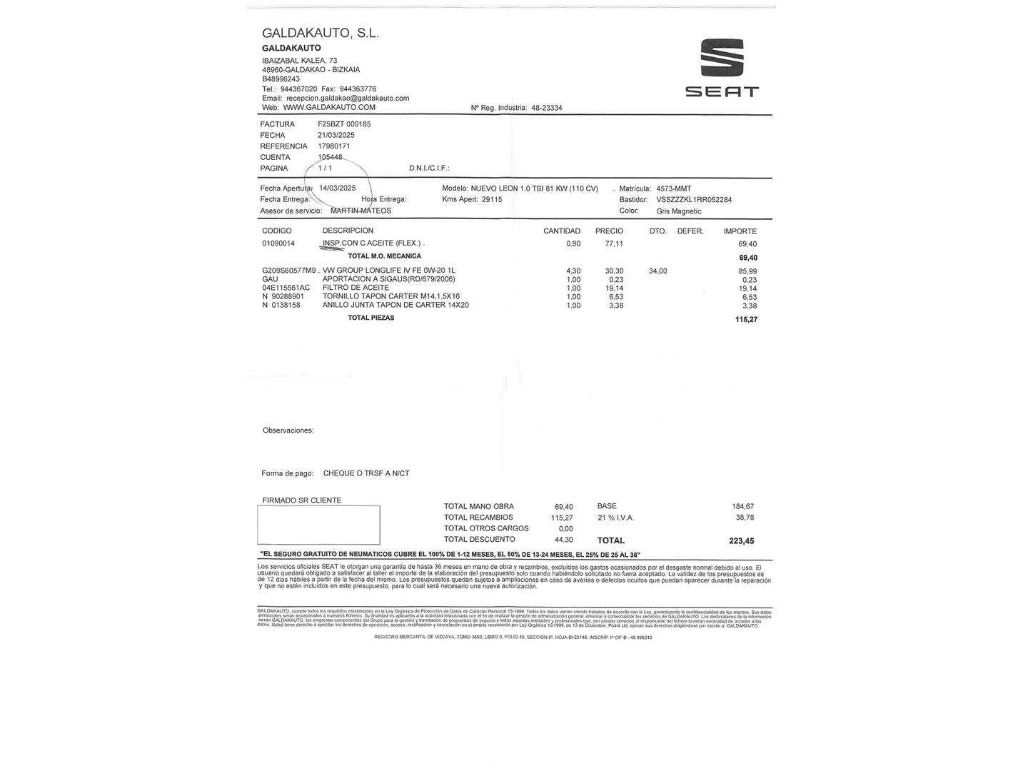 Foto del mantenimiento del Seat León Seat León 1.5 TSI S&S Style XL (130 CV)