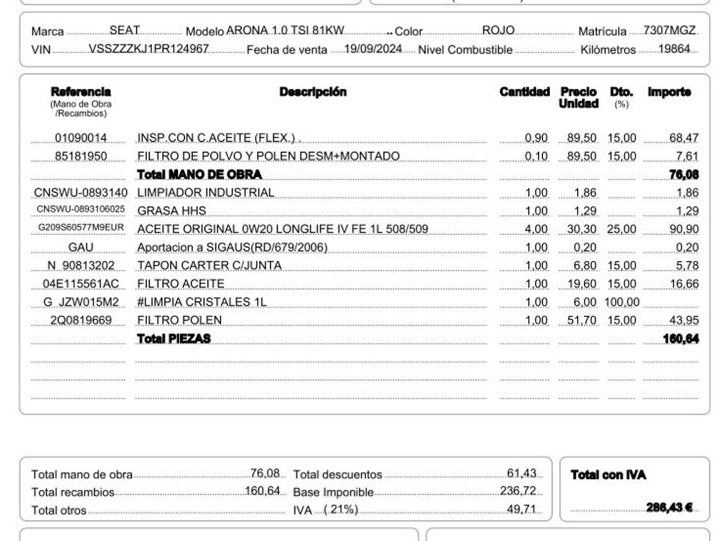 Foto del mantenimiento del Seat Arona Seat Arona 1.0 TSI Xperience XL (110 CV)