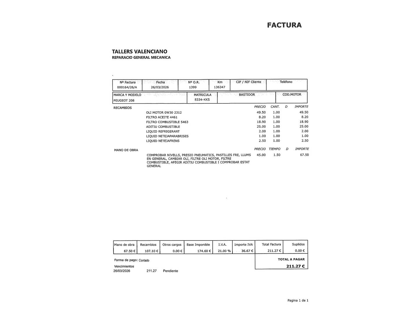 Foto del mantenimiento del Peugeot 208 Peugeot 208 1.6 BlueHDI Active (75 CV)