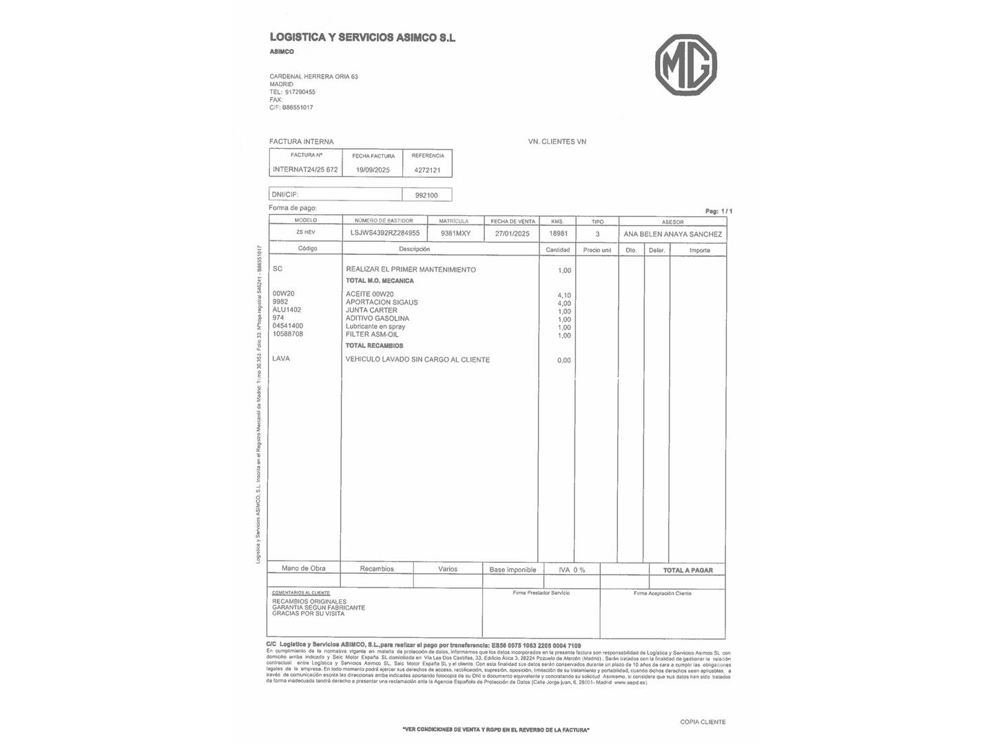 Foto del mantenimiento del MG ZS MG ZS 1.5 Hybrid+ Luxury (197 CV)