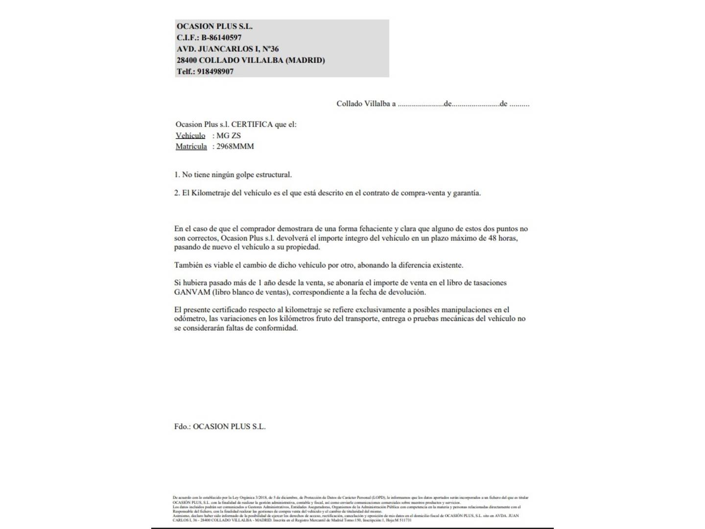 Foto del certificado del MG ZS MG ZS 1.5 Comfort (106 CV)