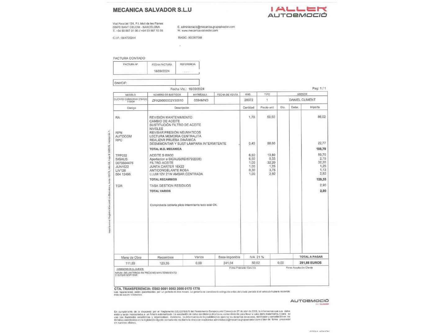 Foto del mantenimiento del Rimor Horus 145 Rimor Horus 145 103kW (140CV) 4 Plazas