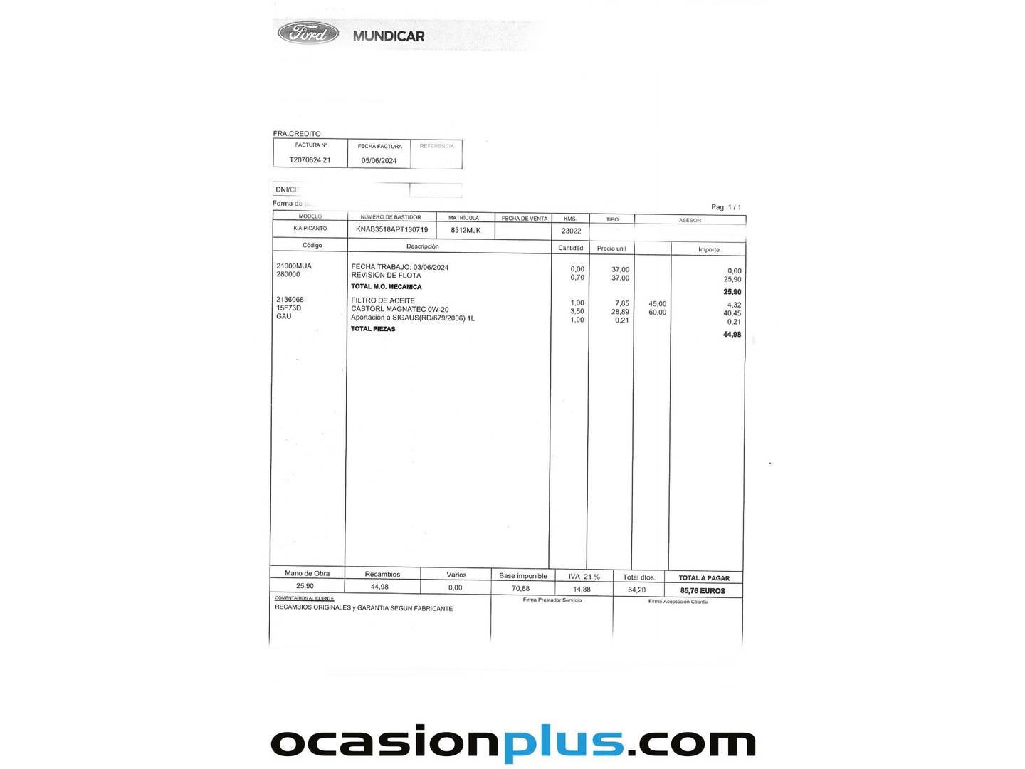 Foto del mantenimiento del KIA Picanto KIA Picanto 1.0 DPi Concept Pack Comfort (67 CV)