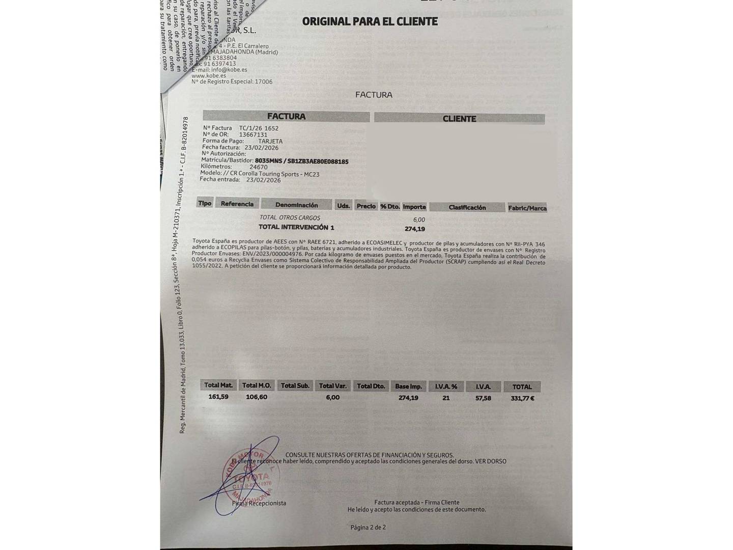 Foto del mantenimiento del Toyota Corolla Toyota Corolla 140H Active Plus Touring Sport  (140 CV)